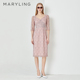 MARYLING玛俪琳春季 粉色V领收腰高级提花蕾丝连衣裙A1DBW61910