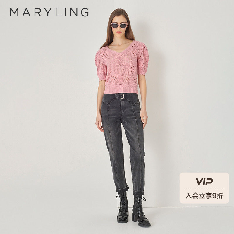 MARYLING玛俪琳初秋新品粉色V领手钩花型针织套头衫A1DF