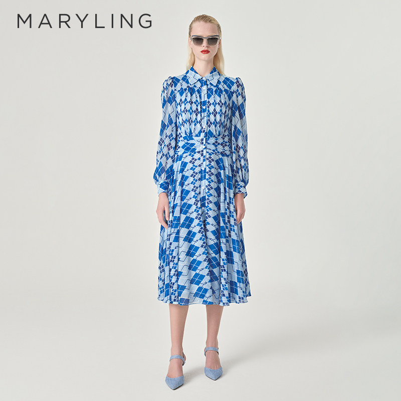 MARYLING玛俪琳初春新品蓝白格纹衬衫领A摆连衣裙A1EAW61080