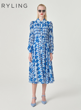 MARYLING玛俪琳初春新品蓝白格纹衬衫领A摆连衣裙A1EAW61080