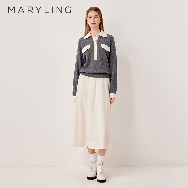 MARYLING灰白拼色polo翻领针织衫