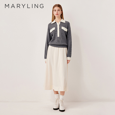 MARYLING灰白拼色polo翻领针织衫