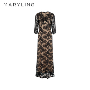 MARYLING玛俪琳2025初夏重工浮雕蕾丝V领礼服连衣裙A1FCW68030