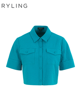 MARYLING玛俪琳2025初夏新品蓝绿条纹翻领短袖纯棉衬衫A1FCW20260