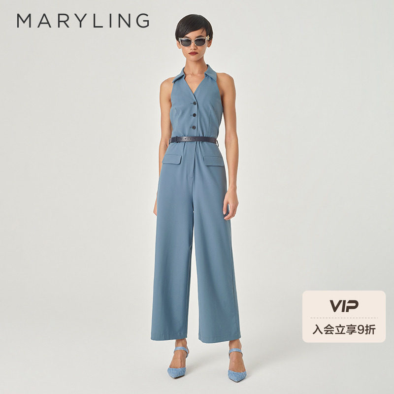MARYLING玛俪琳春季新品雾蓝色翻领露肩设计连体裤A1EBW