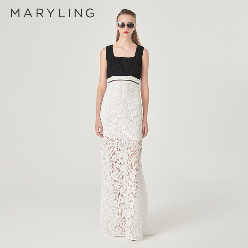 MARYLING玛俪琳24夏季新品黑白拼色方领蕾丝长款礼服裙A1