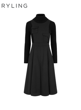 MARYLING玛俪琳秋季新品黑色高领针梭拼接高级感连衣裙A1EGW61130