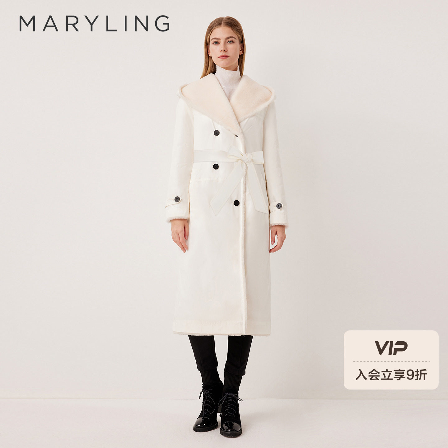 MARYLING玛俪琳2025冬季新品高级感米白色皮毛一体大衣A