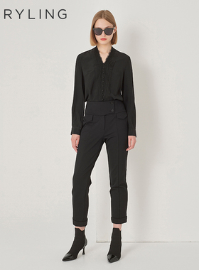 MARYLING玛俪琳秋季新品黑色V领真丝衬衫A1DGW20200