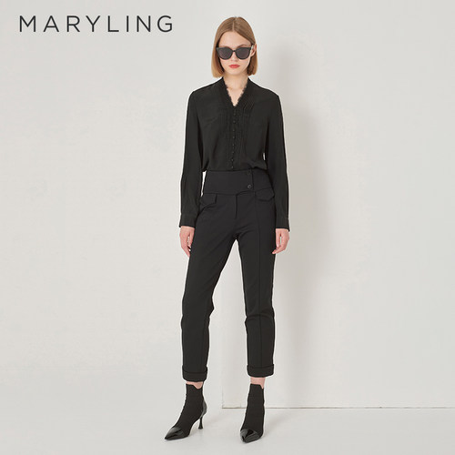 MARYLING黑色蕾丝真丝衬衫