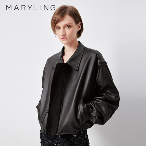 MARYLING 2026秋季新品巴恩风小翻领不对称门襟皮外套A1GGW99100