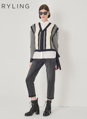 MARYLING玛俪琳秋冬新品黑白撞色衬衣领针织开衫A1DHW08380