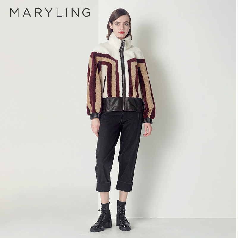 MARYLING玛俪琳冬季浅驼色条纹皮草皮毛一体短外套A1CHW