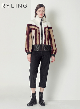 MARYLING玛俪琳冬季浅驼色条纹皮草皮毛一体短外套A1CHW9R070