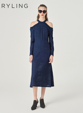 MARYLING玛俪琳24春季新品深蓝露肩修身鱼尾蕾丝连衣裙A1EBW62880