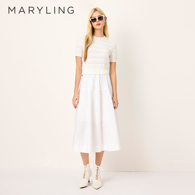 MARYLING橡筋腰高支棉布白裙