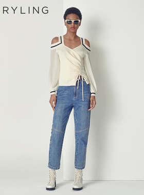 MARYLING玛俪琳秋季新品米白色褶皱羊毛衫露肩针织上衣A1CFW26100