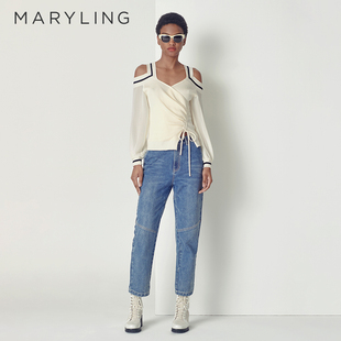 露肩针织上衣A1CFW26100 米白色褶皱羊毛衫 MARYLING玛俪琳秋季 新品