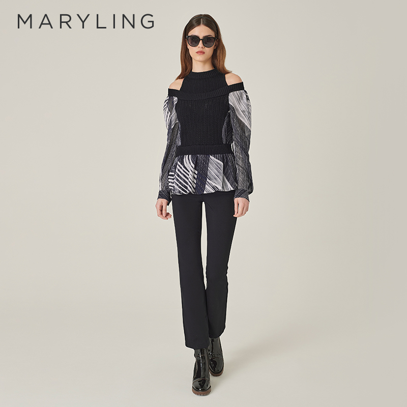 MARYLING高领露肩印花针梭上衣