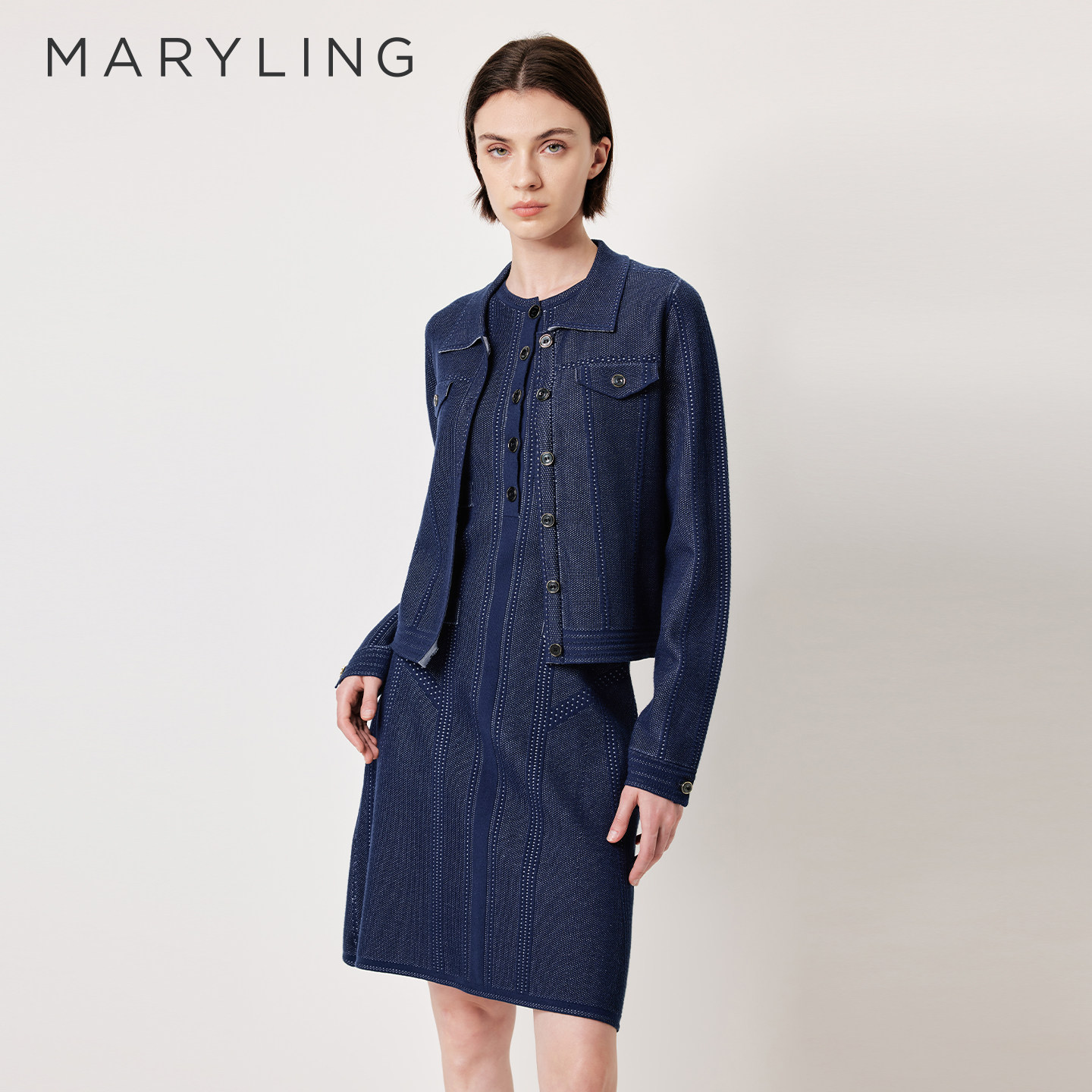 MARYLING玛俪琳2026春季新品仿牛仔感钴蓝翻领针织开衫A1GBW08120