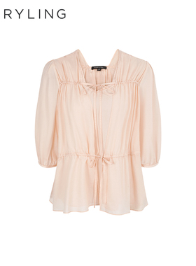 MARYLING玛俪琳2025春夏新品捏褶系带灯笼袖杏色上衣A1FCW20300