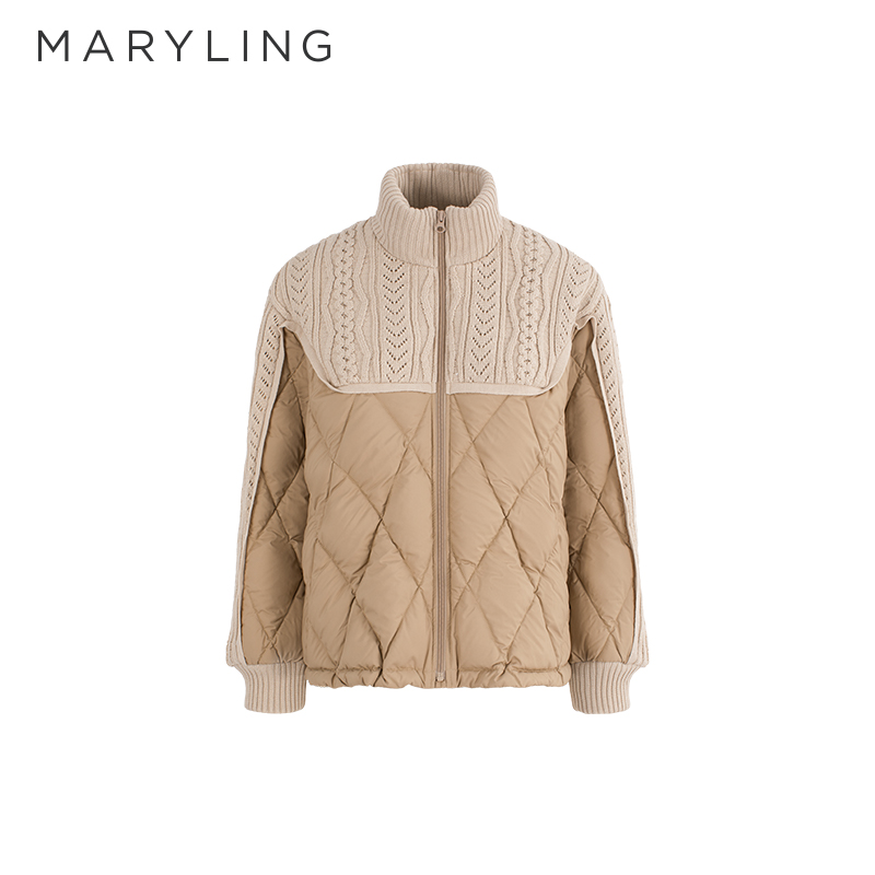 MARYLING玛俪琳2025冬季新品针织立领拼接驼色短羽绒服A1FHW96060