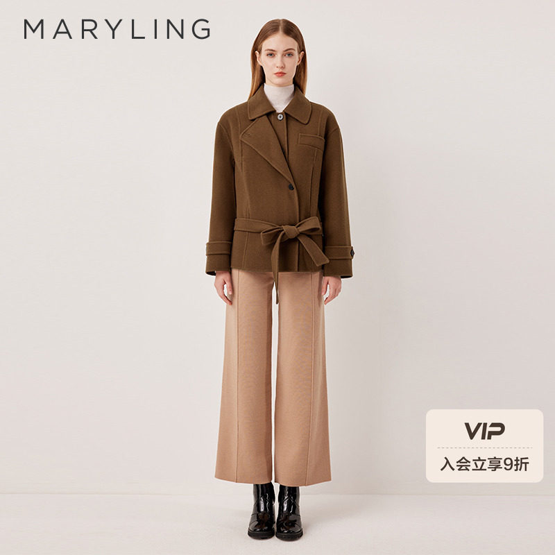 MARYLING玛俪琳2025冬季新品咖色翻领一手长系带大衣A1