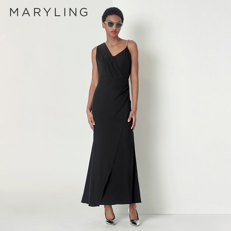 MARYLING玛俪琳秋季黑色不对称链条晚礼服连衣裙A1CGW6