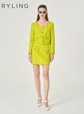 MARYLING玛俪琳初春新品嫩黄撞色钮扣粗花呢半身裙A1EAW70060