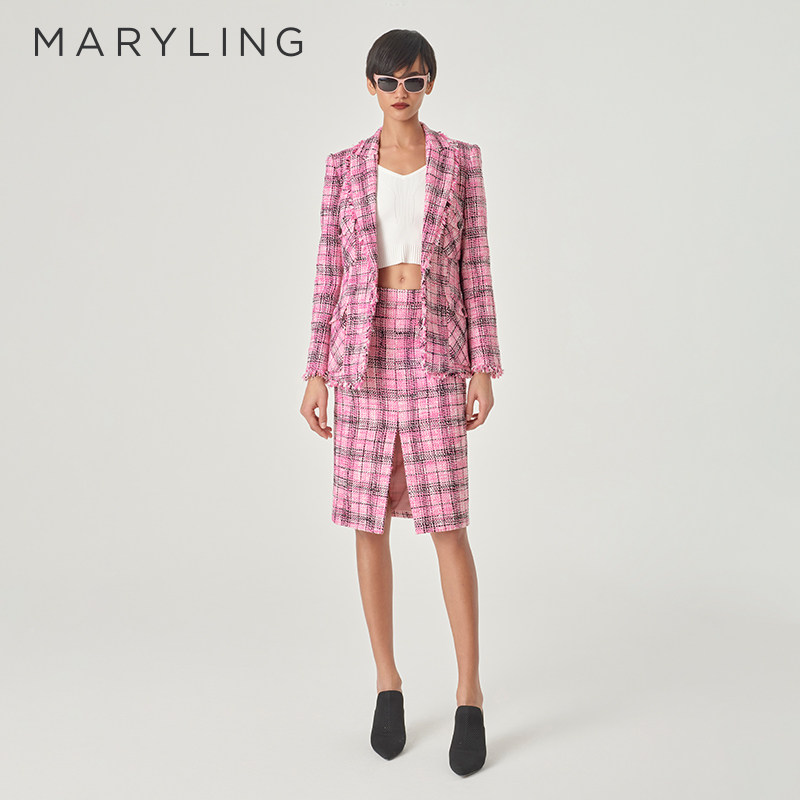 MARYLING玛俪琳芭蕾西装初春新品粉黑格纹粗花呢外套A1EAW14080