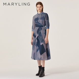 MARYLING玛俪琳2022春季撞色印花A字收腰衬衫式连衣裙A1AB65320
