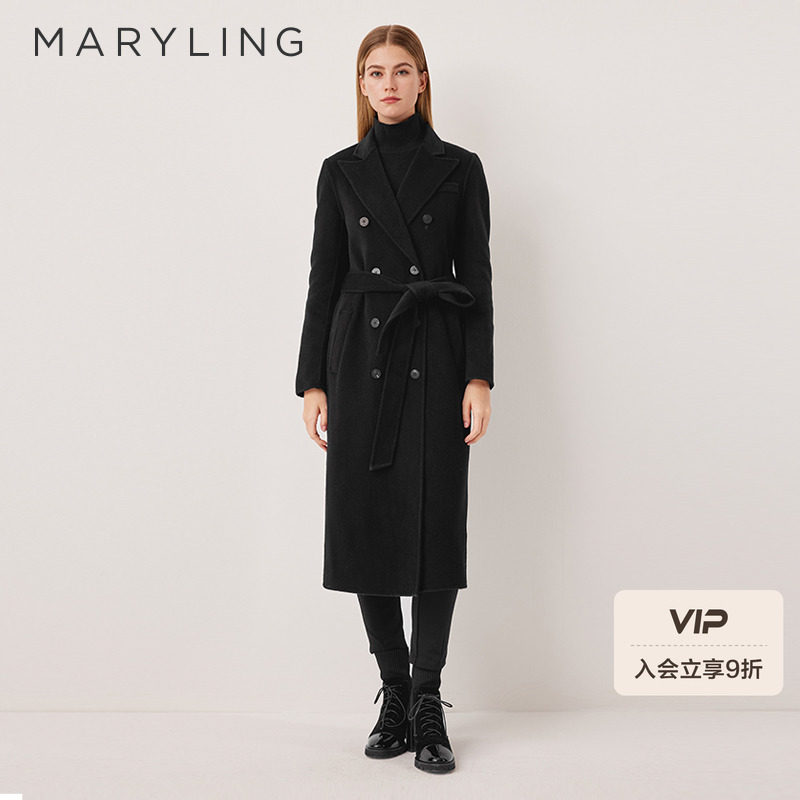 MARYLING玛俪琳2025秋冬新品戗驳领正肩H型黑色长大衣A