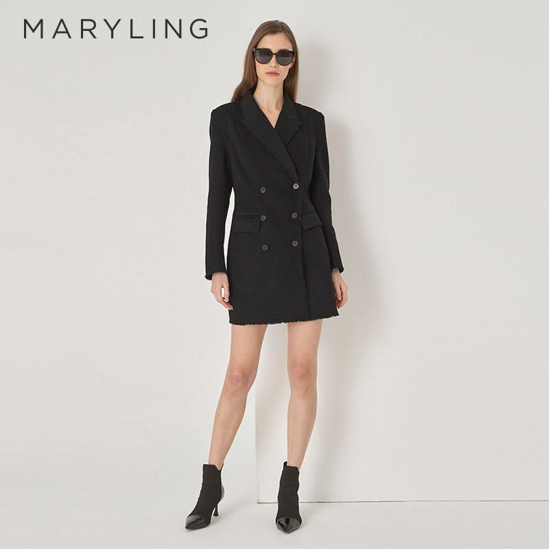 MARYLING玛俪琳秋冬新品黑色西装领中长款羊毛大衣A1DHW