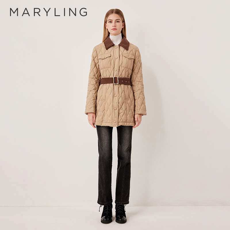 MARYLING玛俪琳2025秋季新品百搭驼色菱格纹绗缝羽绒服A1FGW96020