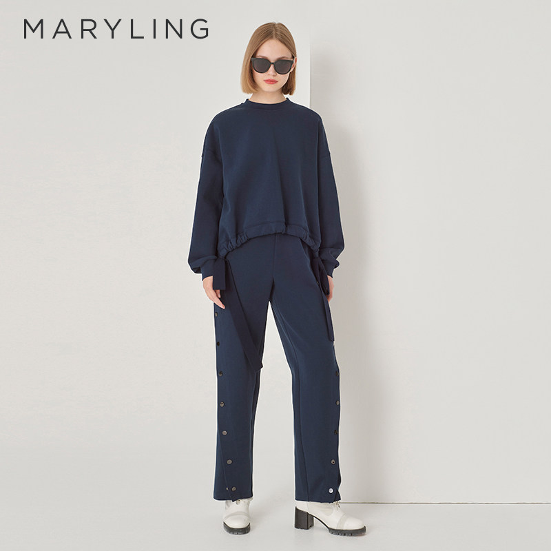 MARYLING玛俪琳秋冬新品深蓝毛织系带太空棉卫衣A1DHW2