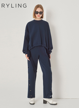 MARYLING玛俪琳秋冬新品深蓝毛织系带太空棉卫衣A1DHW24010