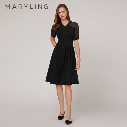 MARYLING玛俪琳黑色V领连衣裙