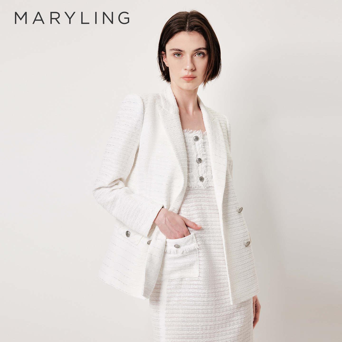 MARYLING玛俪琳2026春夏新品戗驳领撞色金属双排扣西装A