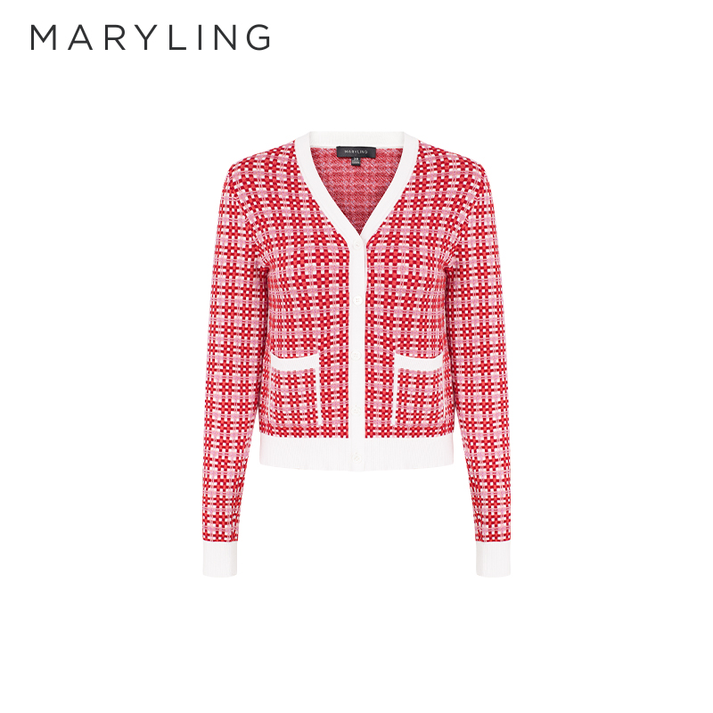 MARYLING格纹V领针织开衫