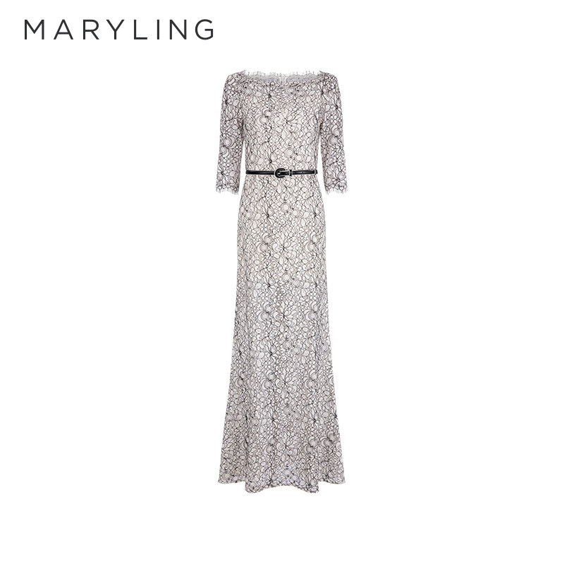 MARYLING玛俪琳新品黑白繁花一字领优雅鱼尾礼服裙A1DCW