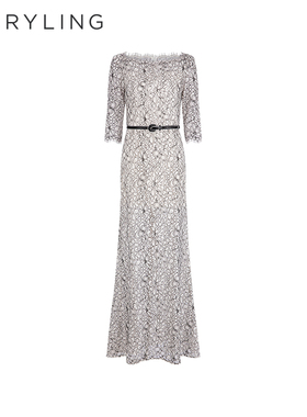 MARYLING玛俪琳新品黑白繁花一字领优雅鱼尾礼服裙A1FCW68510
