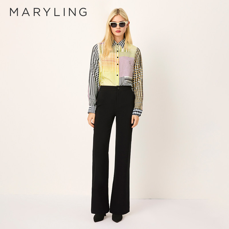 MARYLING玛俪琳2025春季新品撞色菱形格纹真丝衬衫A1F
