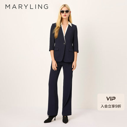 MARYLING玛俪琳2025夏深蓝撞白色西装衬衫翻领外套A1FCW10220