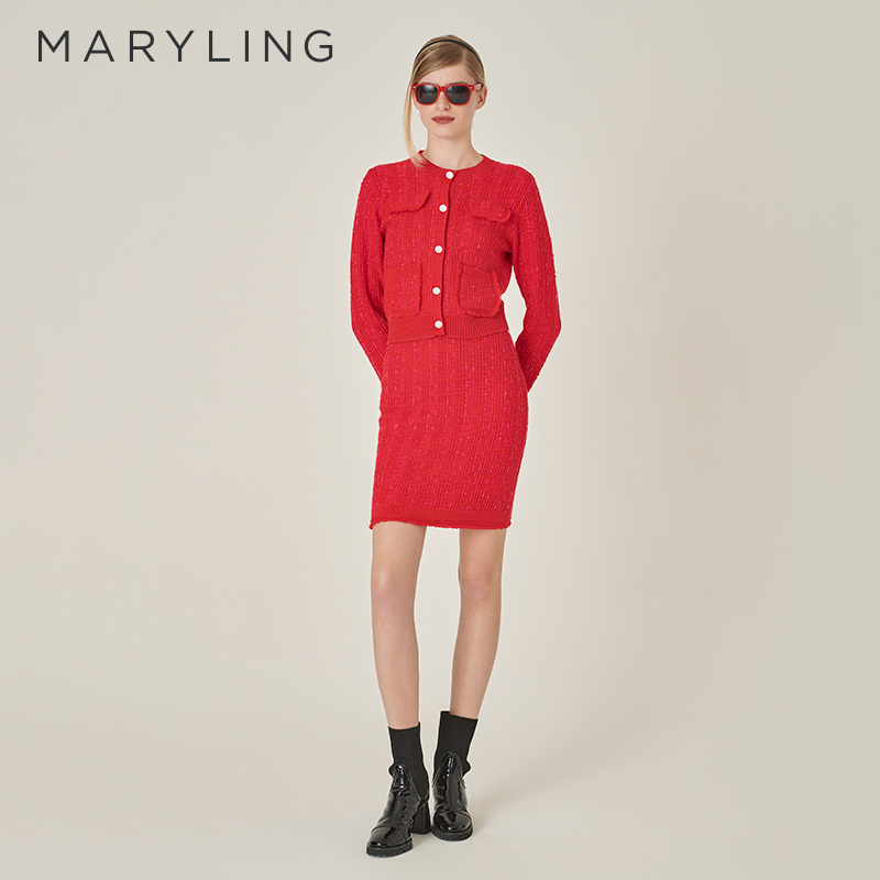 MARYLING玫红色圆领流苏针织开衫