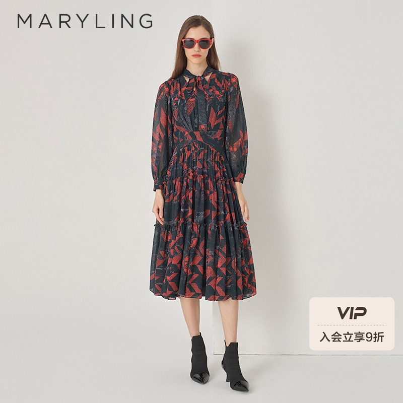 MARYLING玛俪琳初秋新品【艺术拓印】衬衫领印花连衣裙A1D