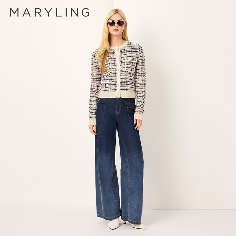 MARYLING白底粉黑格纹针织开衫