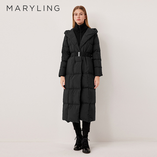 MARYLING玛俪琳2025冬季新品黑色针织拼接长款羽绒服A1FHW98110