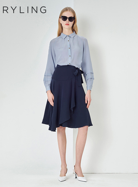 MARYLING玛俪琳春秋新品雾蓝色袖子褶皱细节衬衫A1DBW20390