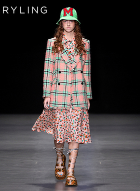 MARYLING玛俪琳春秋新品粉绿格子双排扣西装外套A1DAW14020