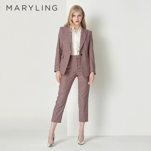 MARYLING粉色千鸟格九分西装裤